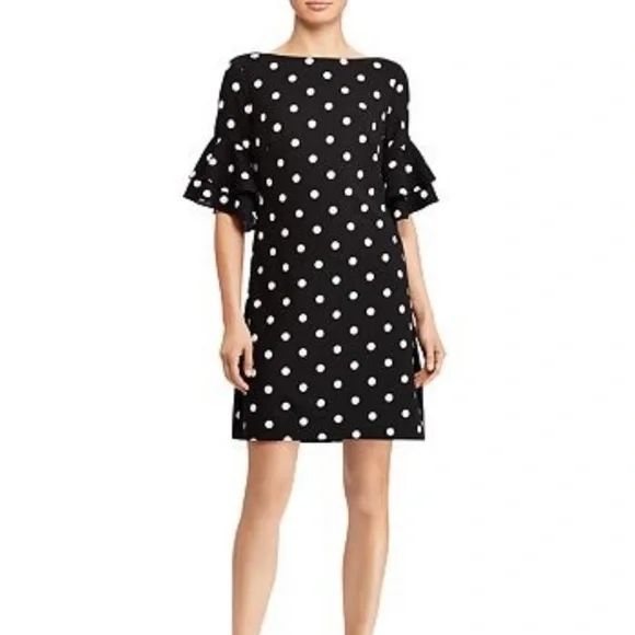 LAUREN RALPH LAUREN Dress Sz 0 Sheath White Black Polka Dot Ruffle Puffy… - Picture 3 of 13